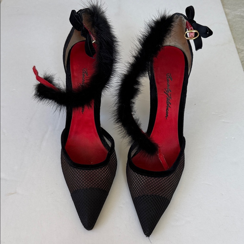 Beverly Feldman Black Heels with Red Insole and Fur Accent
